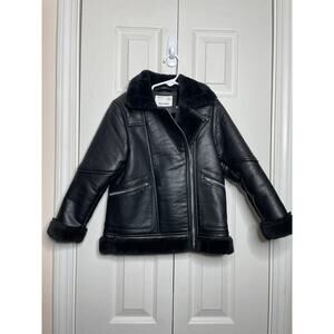 ZARA KIDS GIRLS BLACK VEGAN LEATHER MOTTO JACKET WITH FUR LINING SIZE 7